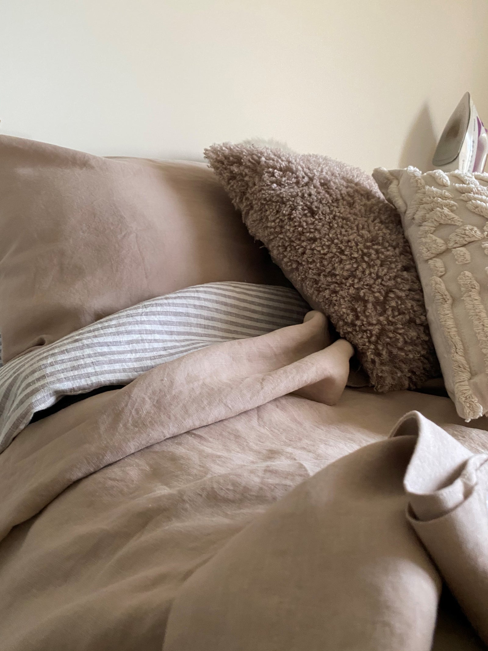 100% Organic Natural French Linen 4 Piece Double Duvet Set - Tea Stain